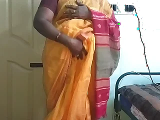 desi  indian unpredictable intensify tamil telugu kannada malayalam hindi cheating wife vanitha wearing orange colour saree  showing big boobs and shaved pussy discomfit hard boobs discomfit nip rubbing pussy masturbation